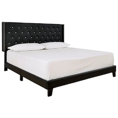 Queen Upholstered Bed with Black Faux Leather Tufted Wing Back Headboard
