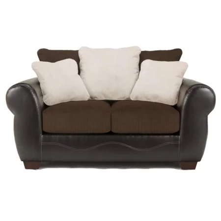 Casual Chocolate Faux Leather & Fabric Stationary Love Seat with Loose Pillow Back