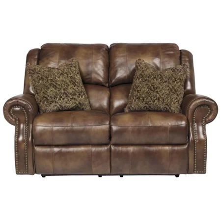 Leather Match Reclining Power Loveseat with Nailhead Trim