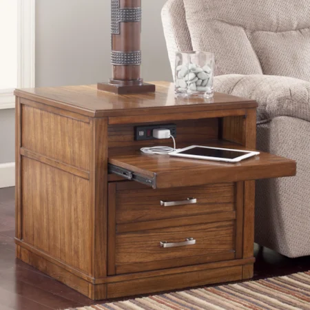 Rectangular End Table with Pull-Out Shelf & Outlet