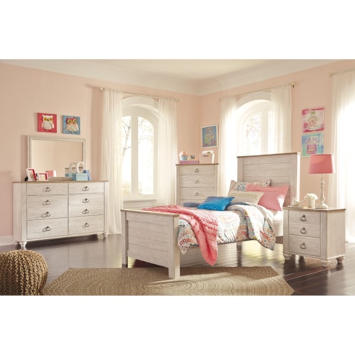 Twin Panel Bed, Dresser, Mirror, Chest and Nightstand