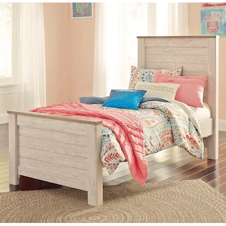 Two-Tone Twin Panel Bed in Washed White Finish with Rustic Top Trim