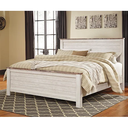 Two-Tone King Panel Bed with Plank Style Headboard and Footboard