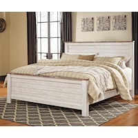 Two-Tone California King Panel Bed in Washed Finish with Rustic Top Trim