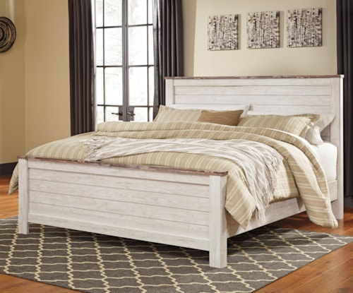 Two-Tone California King Panel Bed in Washed Finish with Rustic Top Trim