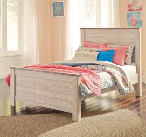 Two-Tone Full Panel Bed in Washed White Finish with Rustic Top Trim