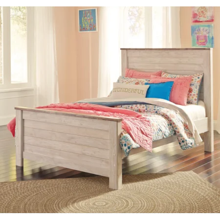 Two-Tone Full Panel Bed in Washed White Finish with Rustic Top Trim