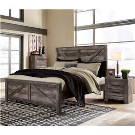 3 Piece King Crossbuck Panel Bed, 2 Drawer Nightstand and 5 Drawer Chest Set