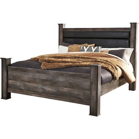 King Rustic Poster Bed with Upholstered Headboard