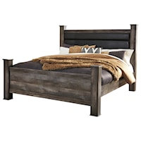 King Rustic Poster Bed with Upholstered Headboard