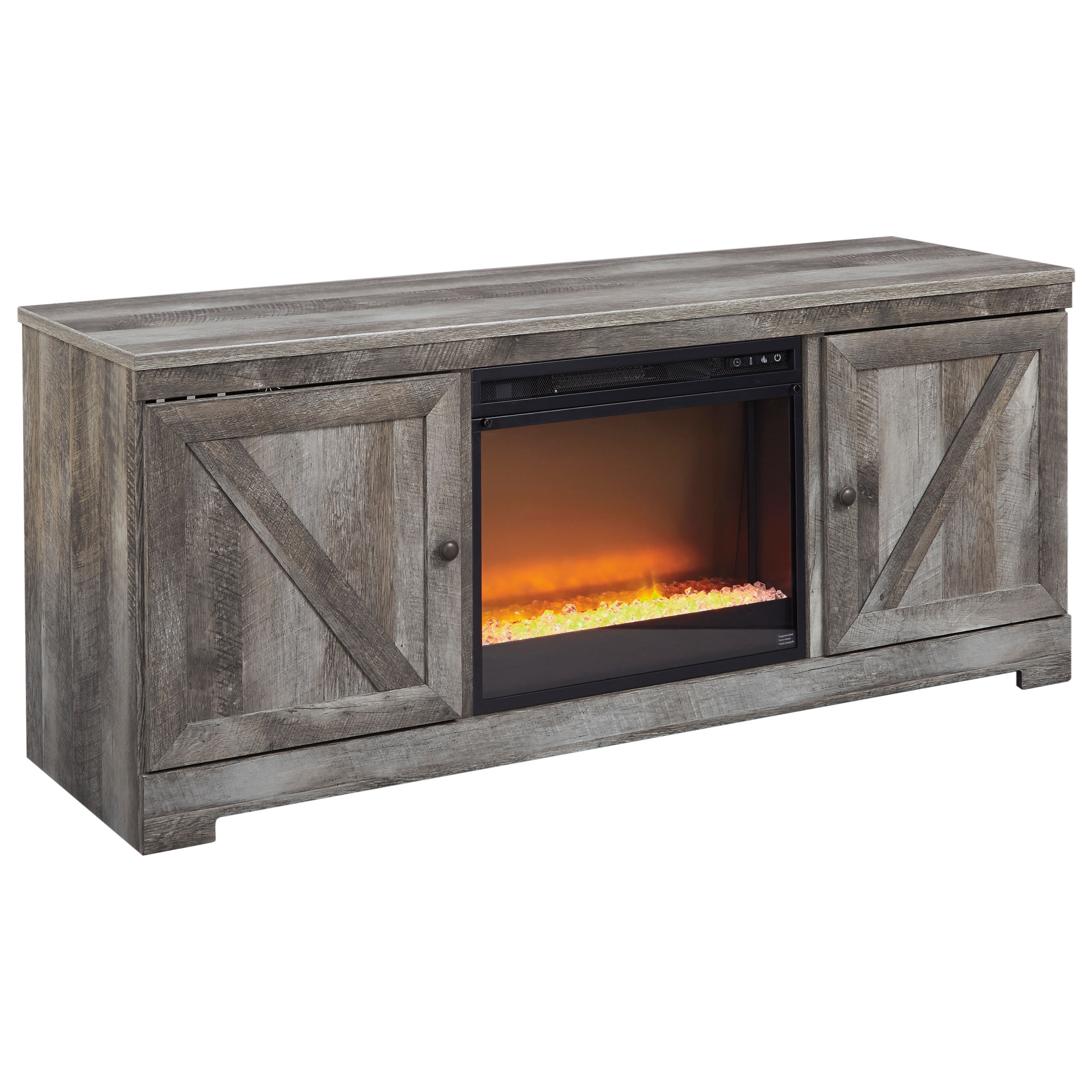 Signature Design by Ashley Wynnlow Large TV Stand in Rustic Gray Finish  with Fireplace | Furniture Mart Colorado | TV Stands