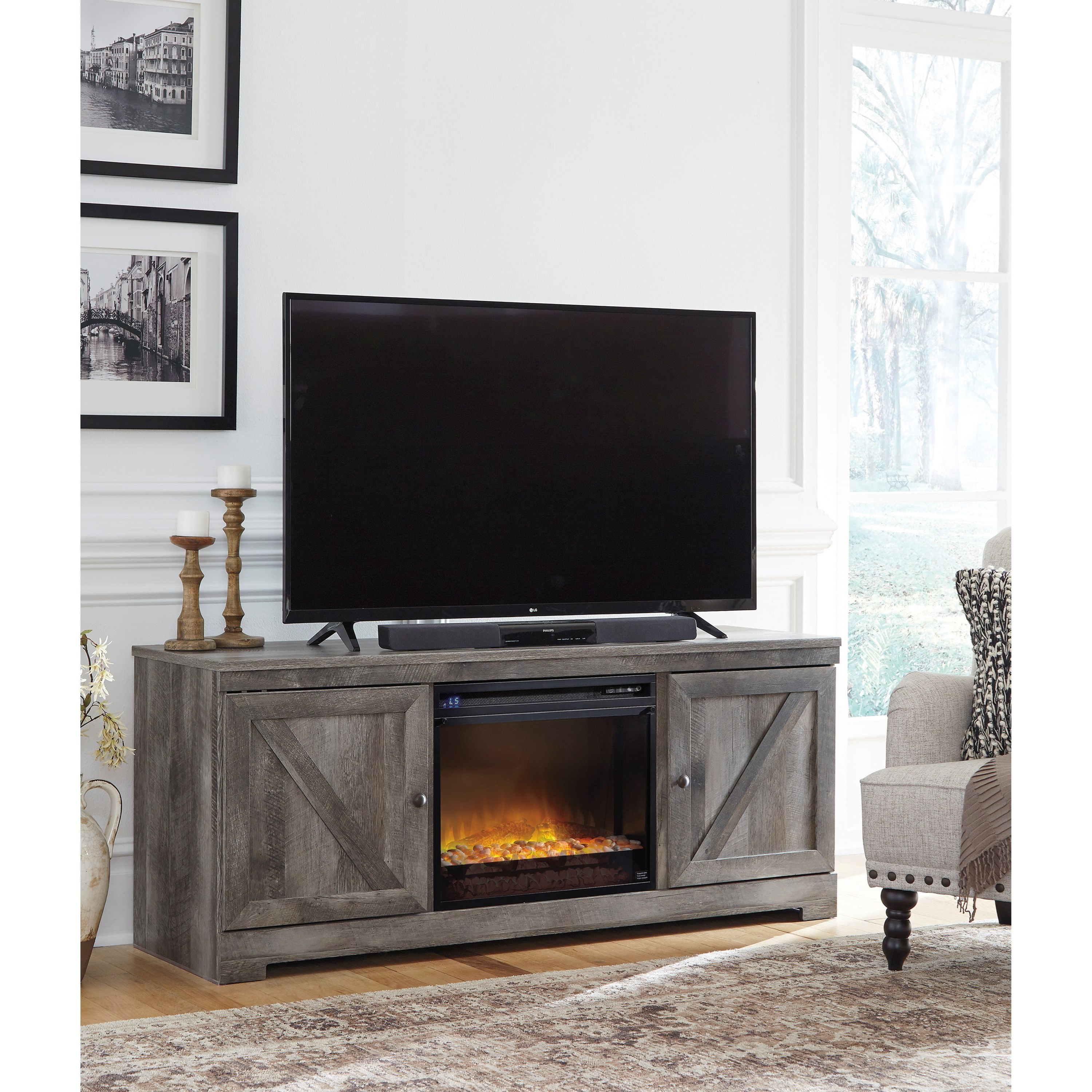 Signature Design by Ashley Wynnlow W440-68x1+W100-02x1 Large TV Stand in  Rustic Gray Finish with Fireplace | Goods Furniture | TV Stands