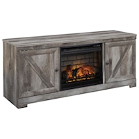 Large TV Stand in Rustic Gray Finish with Fireplace