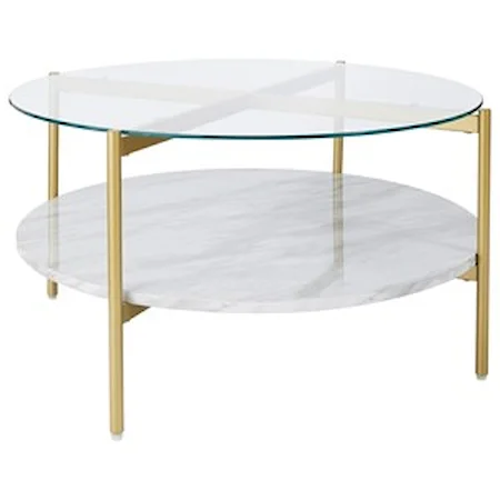 Gold Finish Round Cocktail Table with Glass Top and Faux Marble Shelf
