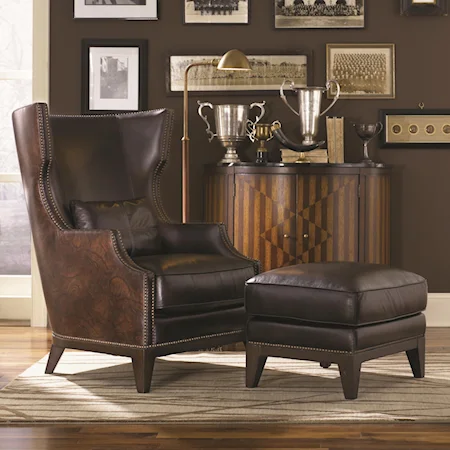 Traditional Top Grain Brown Leather Wing Back Chair & Ottoman Set with Nailhead Trim