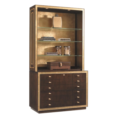 Beverly Palms Bookcase with File Cabinet, Display Lighting, and Gold-Tipped Back Panel