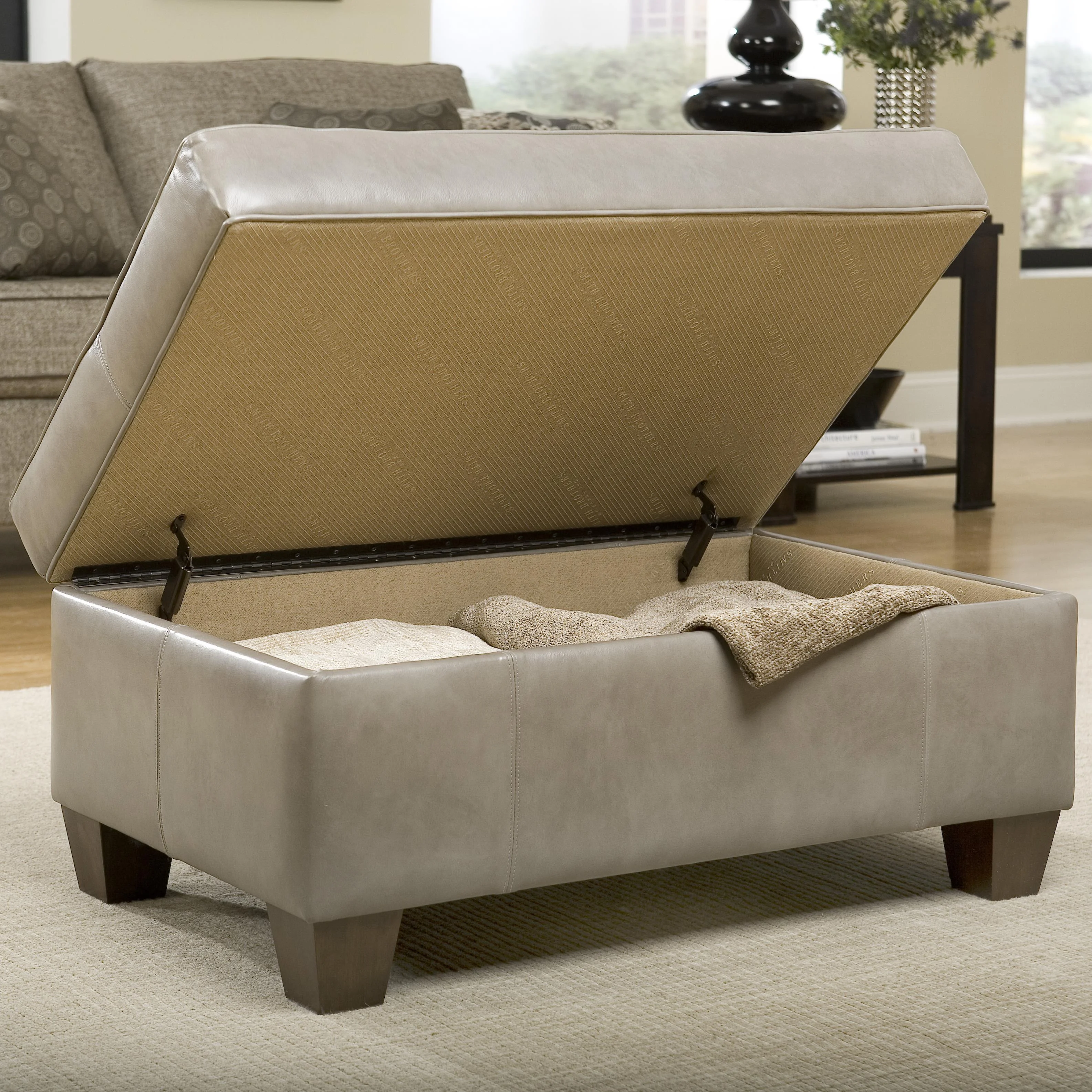 Smith Brothers 900 Ottomans 900-61 Storage Ottoman with Tapered Wood ...