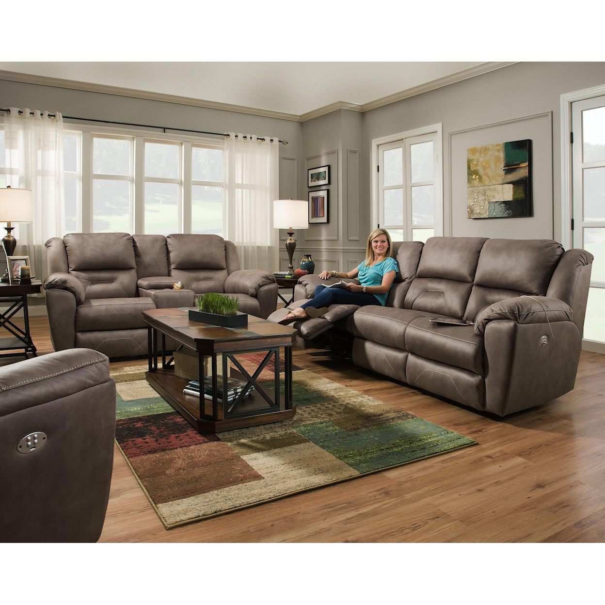Southern Motion Pandora Double Rec. Console Sofa with Power Headrest