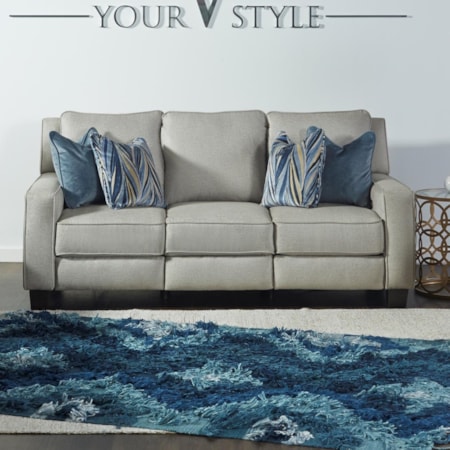 Transitional Double Reclining Power Sofa with Pillows and USB Ports