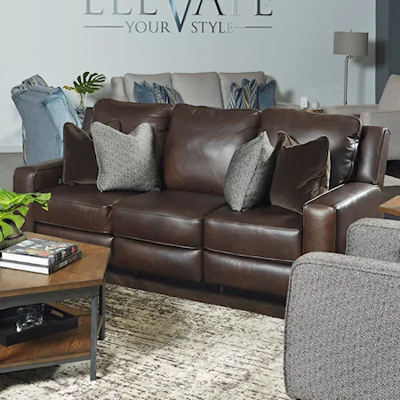 Transitional Double Reclining Power Sofa with Pillows and USB Ports