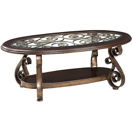 Old World Cocktail Table with Glass Top and S-Scroll Legs