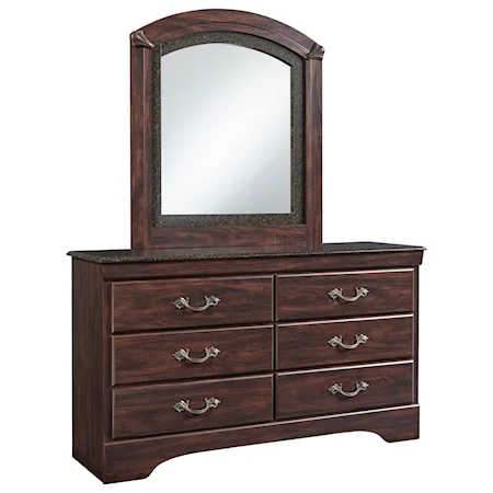 6 Drawer Dresser and Mirror Combo with Faux Marble Accents