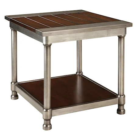 Contemporary Single Shelf End Table with Plank-Style Wood Top and Metal Cylindrical Legs