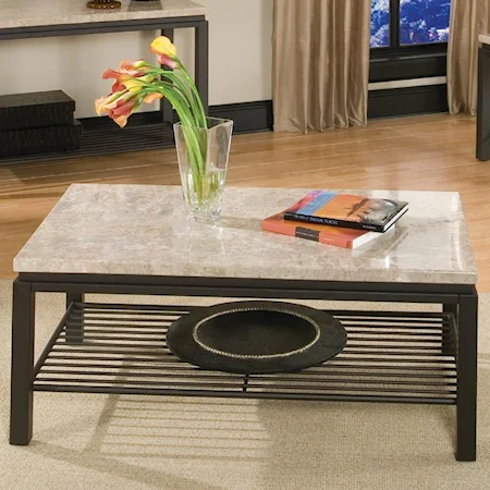 Cocktail Table with Stone Top and Wire Shelf