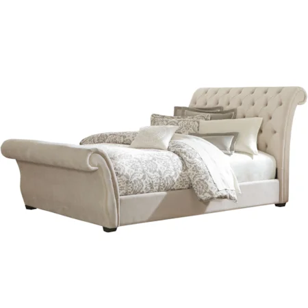 Queen Upholstered Sleigh Bed with Button Tufted Headboard