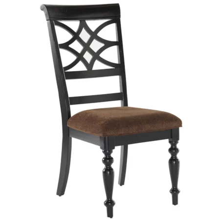 Upholstered Side Chair with Scroll Back & Turned Legs