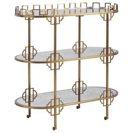 La Cuna Bar Cart in Murcielago Brass Finish with Antique Mirror Glass Shelves