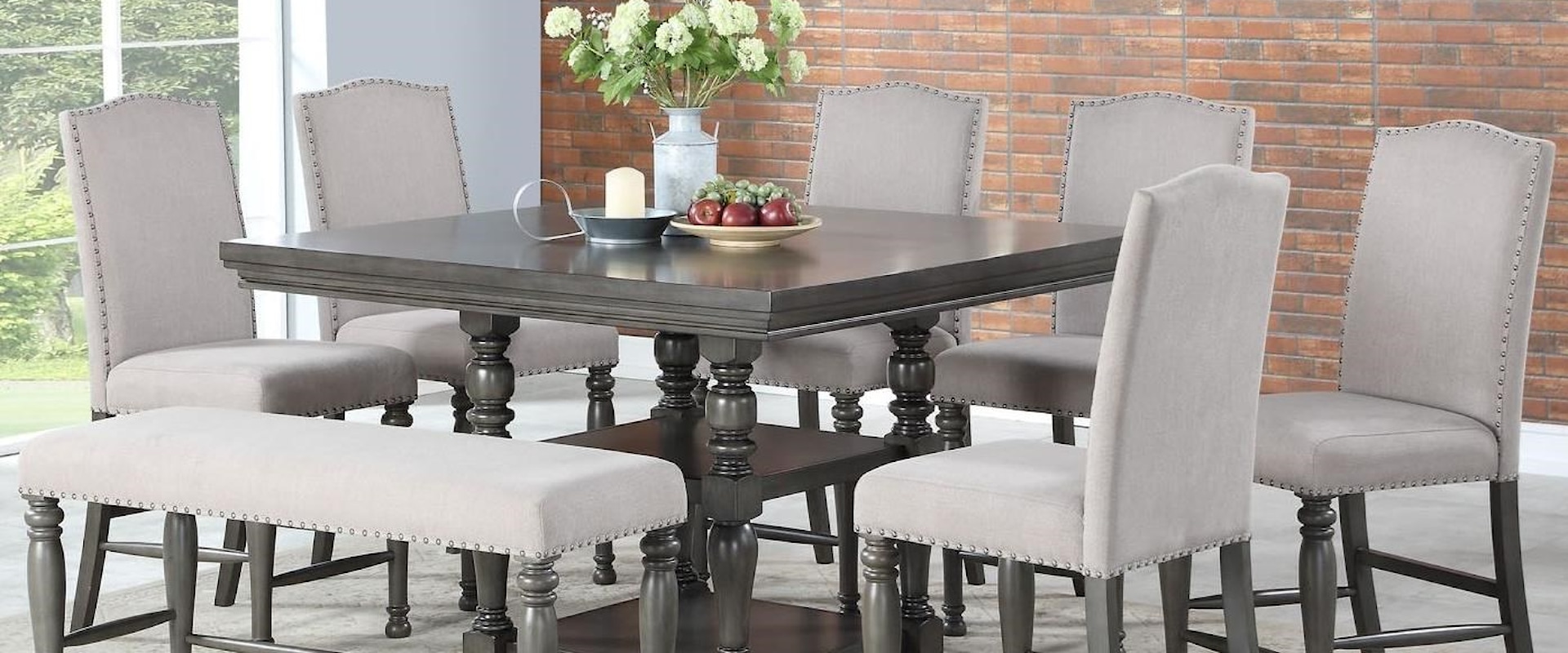 Eight Piece Traditional Counter Height Dining Set with Bench
