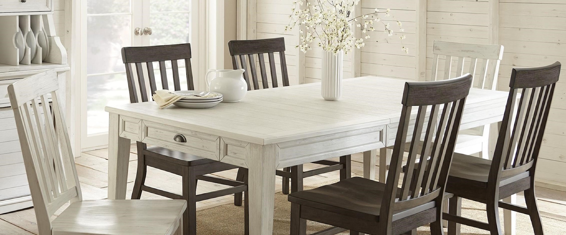 7 Piece Two Tone Farmhouse Dining Set with Table Storage