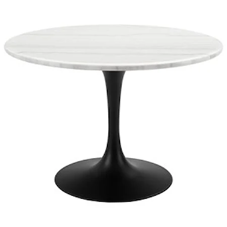 Mid Century Modern Round Marble Top Dining Table - White Top & Black Base