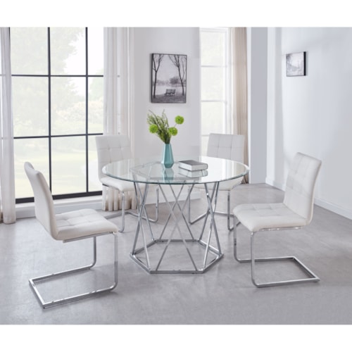 Contemporary 5-Piece Dining Table and Chair Set with Chrome Base and Glass Top