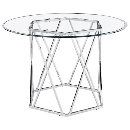 Contemporary Round Dining Table with Hexagonal Chrome Base and Glass Top