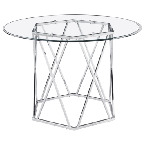 Contemporary Round Dining Table with Hexagonal Chrome Base and Glass Top