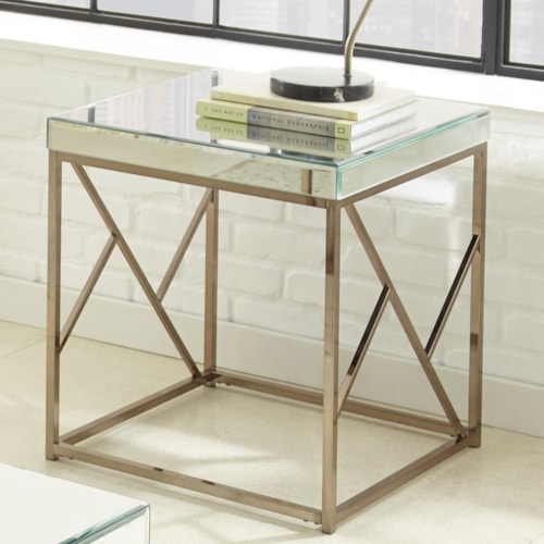 Glam Mirror End Table with Contemporary Metal Base