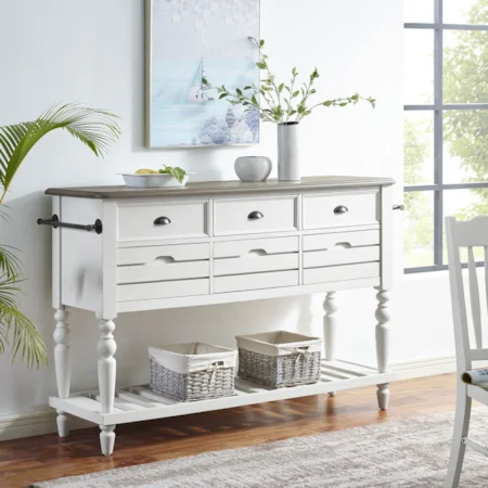 Cottage 6-Drawer Sideboard with Open Shelf and Towel Rack