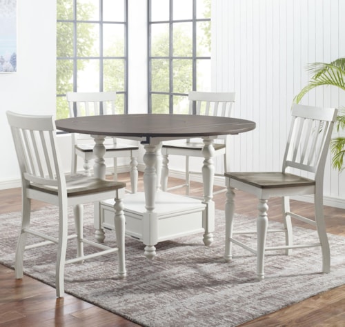 5-Piece Farmhouse Round Counter Table Set with Drop Leaves and  Lazy Susan
