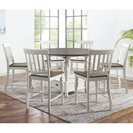 7-Piece Farmhouse Round Counter Table Set with Drop Leaves and  Lazy Susan