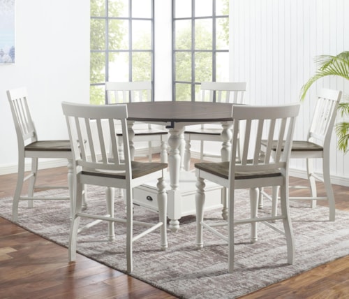 7-Piece Farmhouse Round Counter Table Set with Drop Leaves and  Lazy Susan