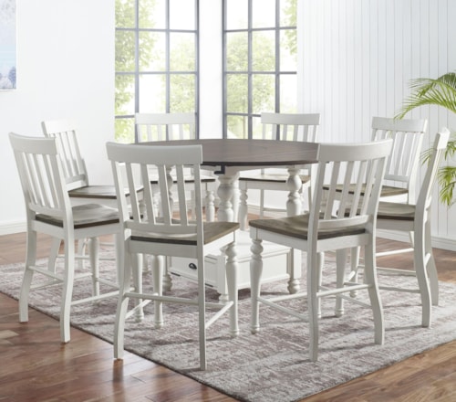 9-Piece Farmhouse Round Counter Table Set with Drop Leaves and  Lazy Susan