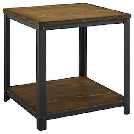 Casual Wood/Metal Square End Table with Shelf