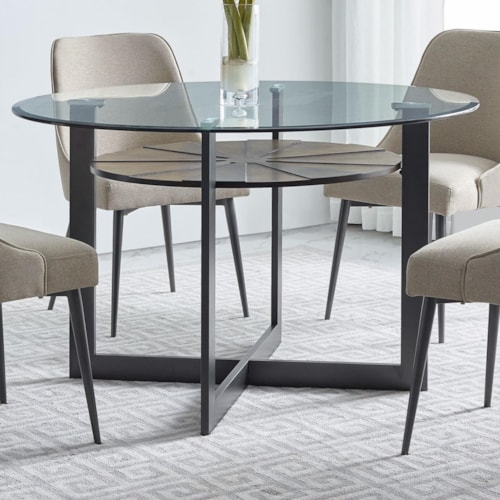 Contemporary Round Glass Dining Table with Iron and Birch Base