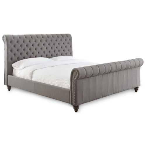 King Upholstered Sleigh Bed with Button Tufting