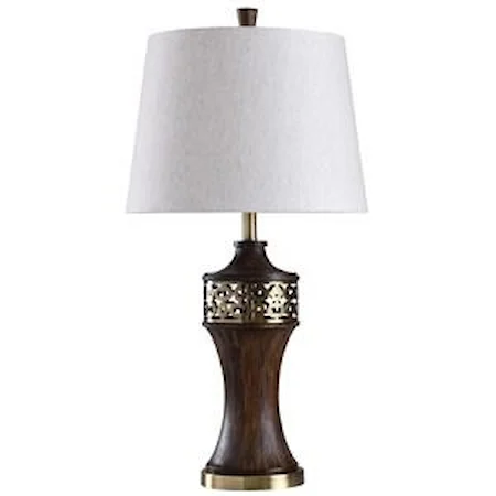 Traditional Painted Wood Finish with Open Work Lazer Cut Metal Detail and Base Table Lamp