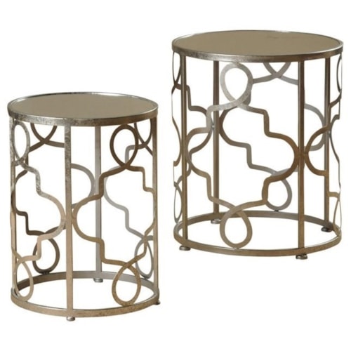 Set of 2 Round End Tables with Silver Leaf and Mirror