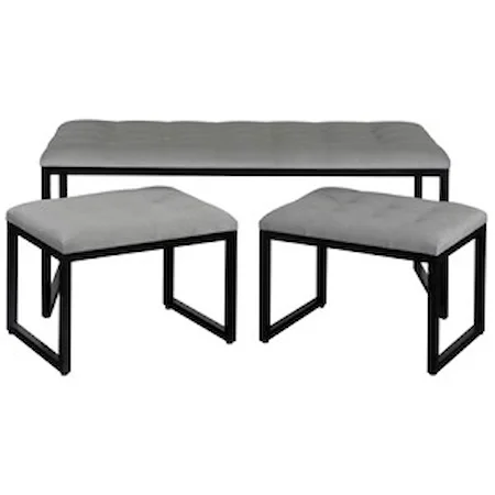 Set of 3 Gray Accent Benches with Tufted Cushions