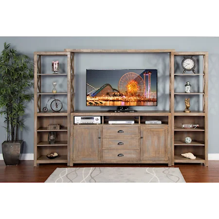 Rustic 66" Entertainment Wall with Open Shelving